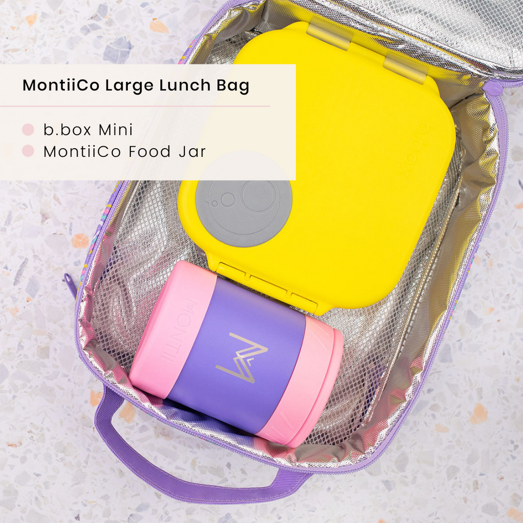 Montiico Insulated Lunchbag with b.box mini lunchbox and MontiiCo Thermal food jar inside
