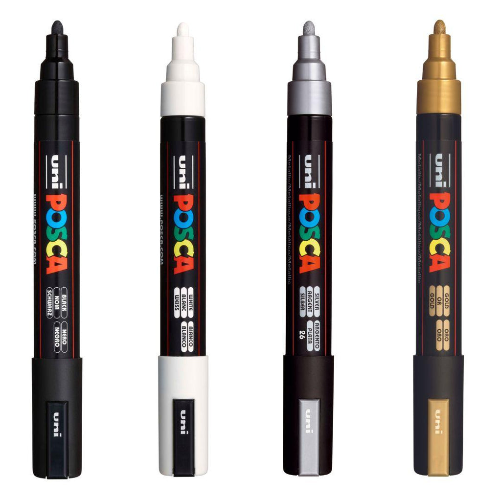 POSCA PC5M Paint Marking Pen - Black, White, Gold Silver - Set of 4 - Creative Kids Lab