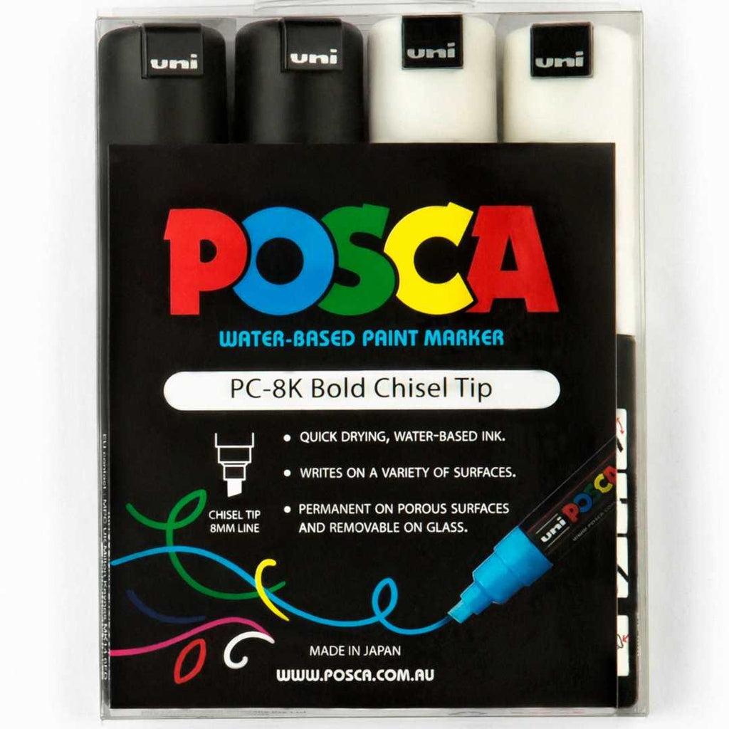 POSCA PC8K Paint Marking Pen - BLACK & WHITE - 4 Pack - Creative Kids Lab