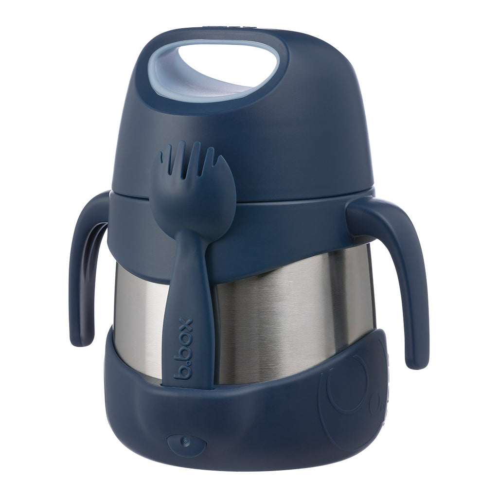 bbox Navy blue midnight thermos with stainless steel interior and spoon attachment on a white background