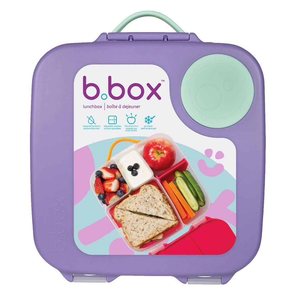 Purple b.box lunchbox with a colorful label showing a packed lunch.