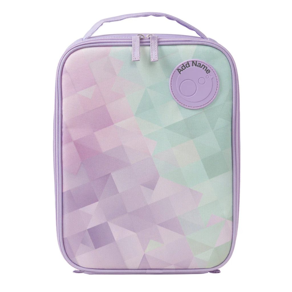 bbox Rectangular lunch bag with geometric pattern and 'Add Name' label on a white background
