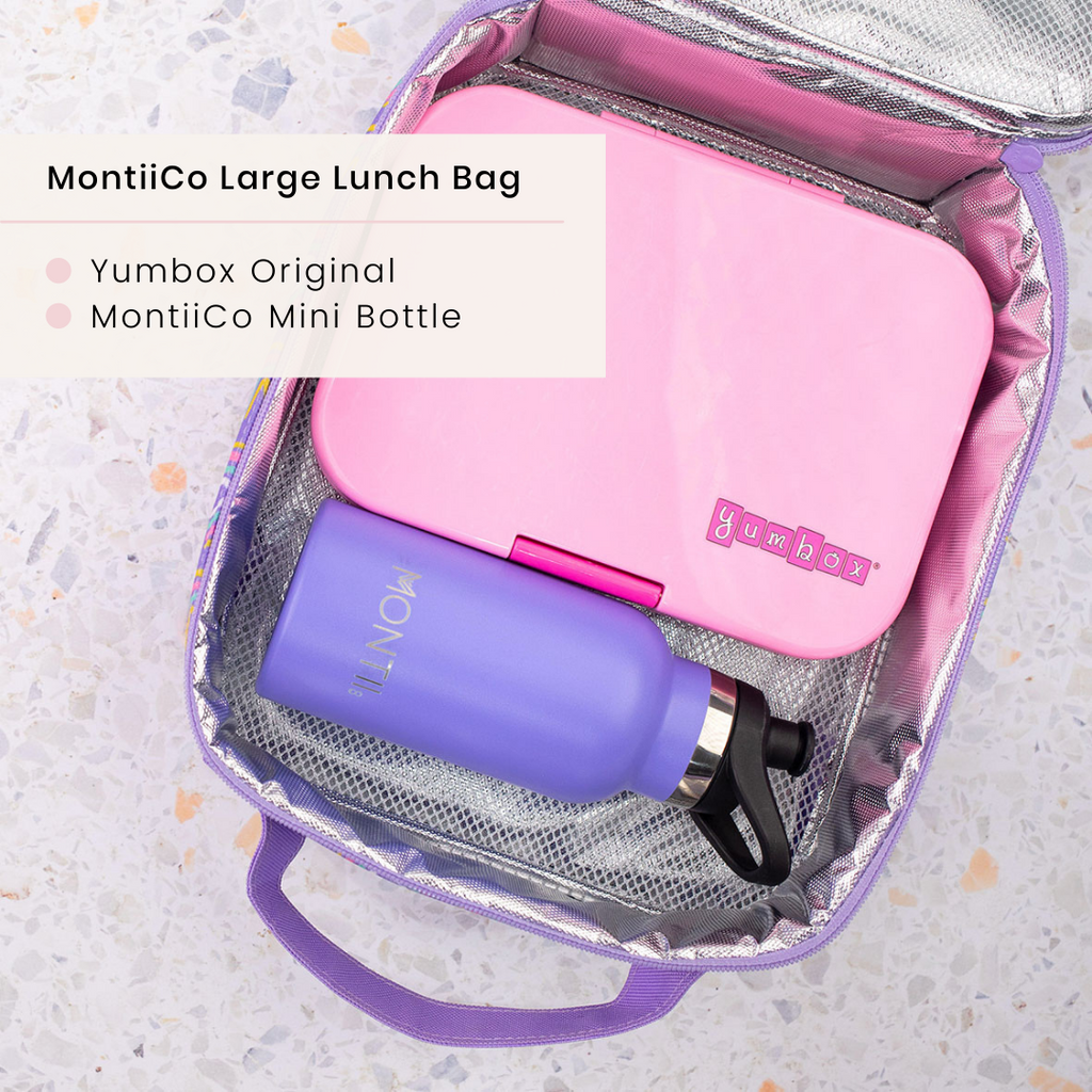 Montiico Insulated Lunchbag with yumbox original bento lunchbox and MontiiCo mini insulated water bottle inside