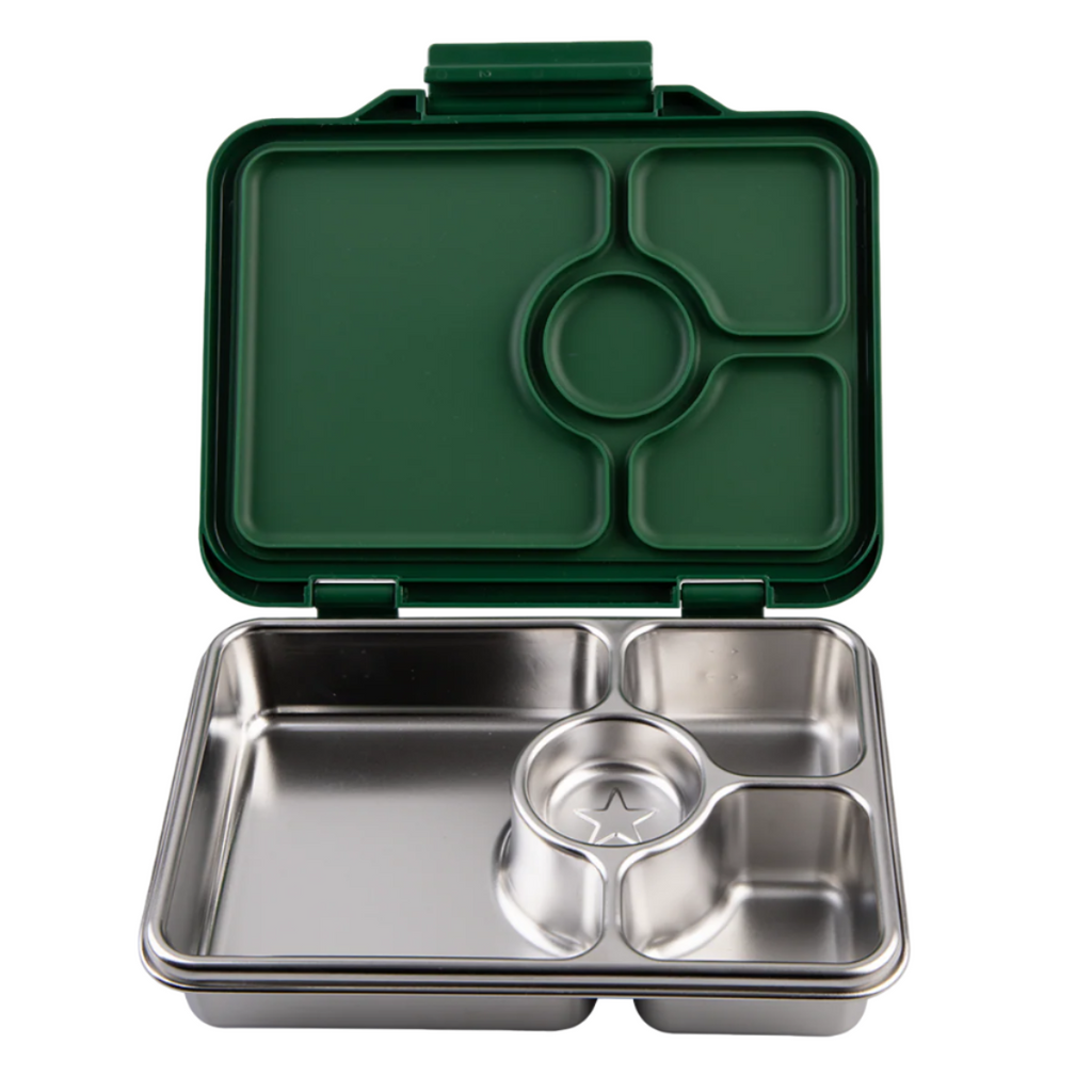 Green and stainless steel bento box on a white background