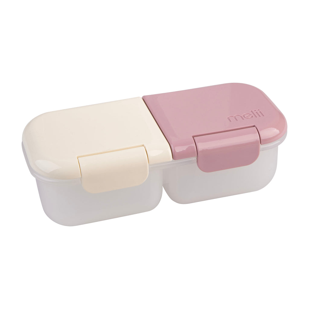 Melii luxe 2 Compartment Snack container, in pink and Ivory.