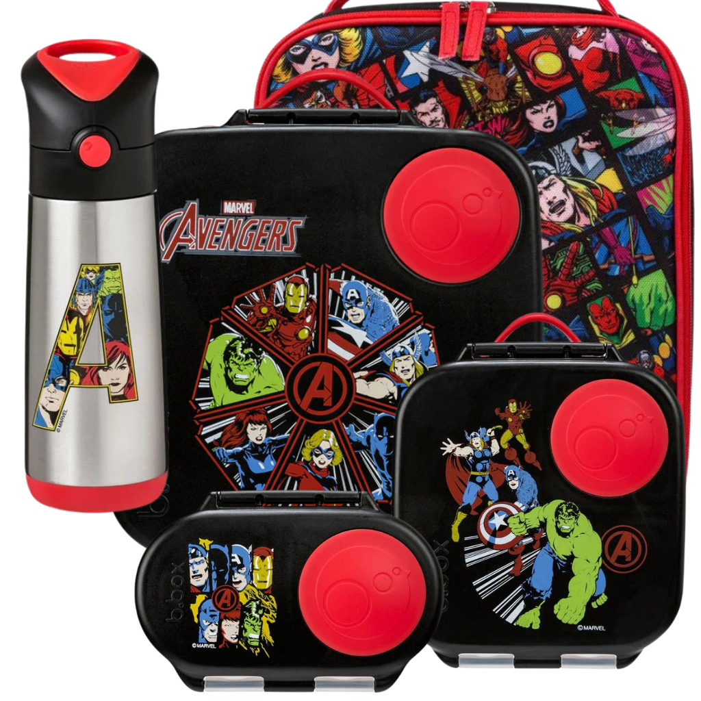 bbox avengers lunch bundle with lunch box, drink bottle snack box and lunch bag