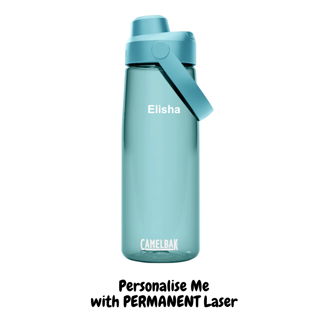 Cove Blue tritan chug 750ml water bottle with CamelBak logo and a name personalised with laser