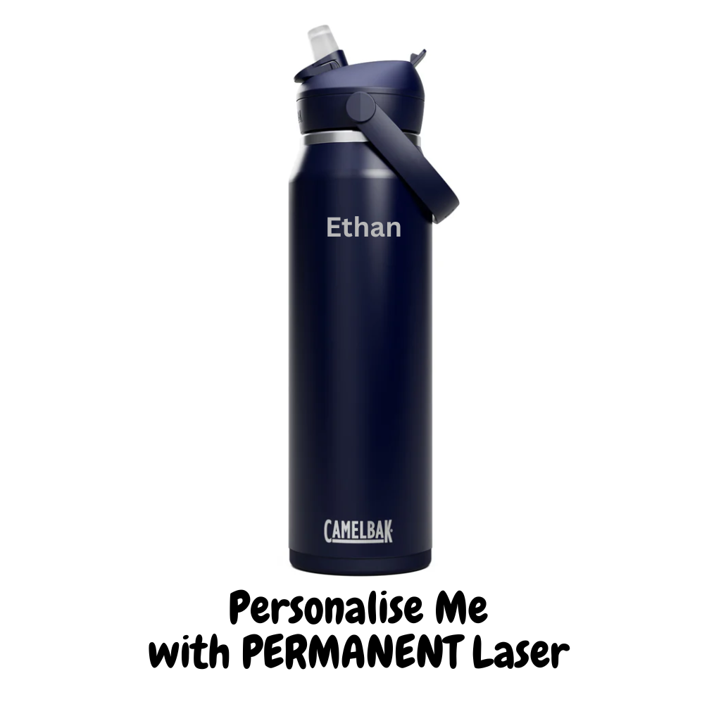Camelbak thrive insulated stainless steel drink bottle with name engraved and in navy blue colour