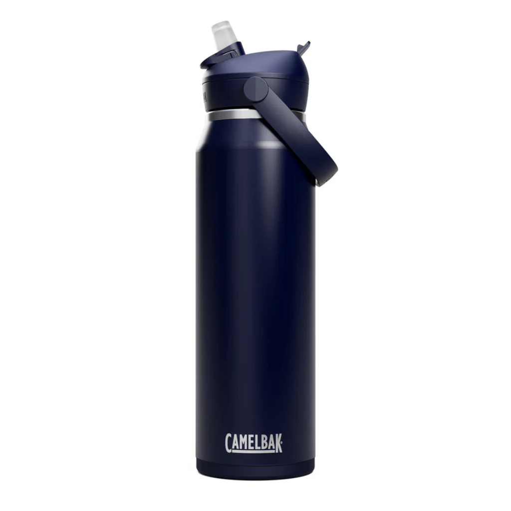 Navy blue thrive stainless steel water bottle with CamelBak logo on a white background