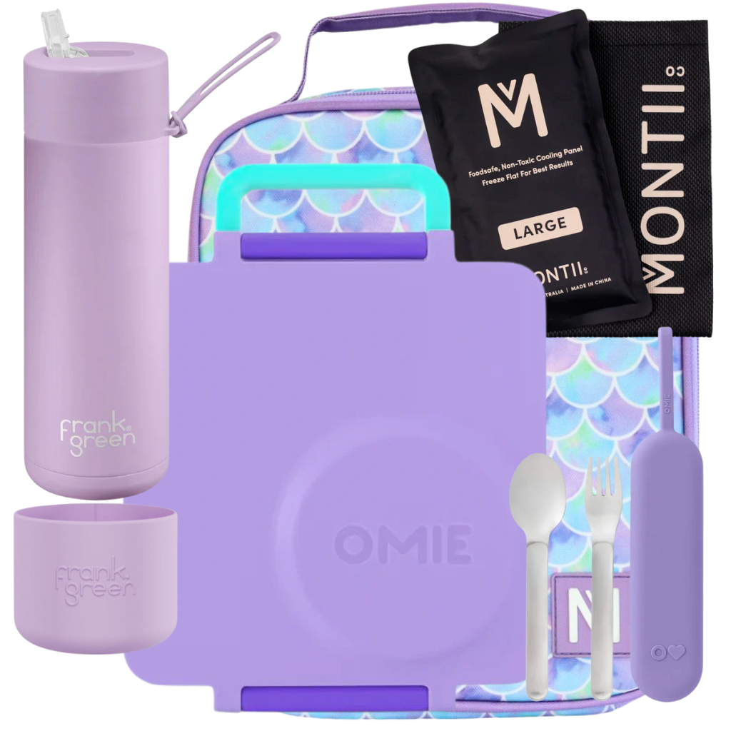 Lavender bliss ultimate back to school lunch bundle with frank green drink bottle, Omie lunchbox, MontiiCo insulated lunch bag. Creative Kids Lab