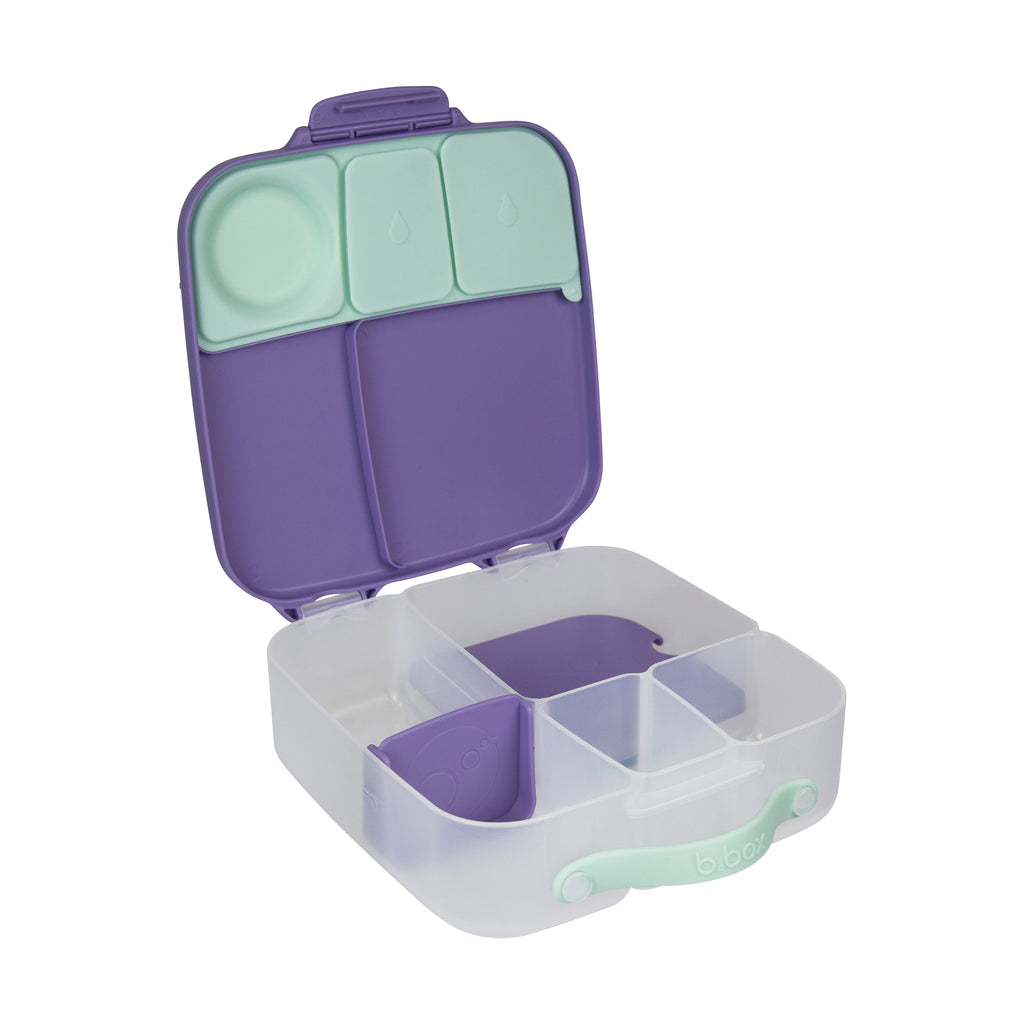 bbox Purple and clear compartmentalized food container with green accents on a white background
