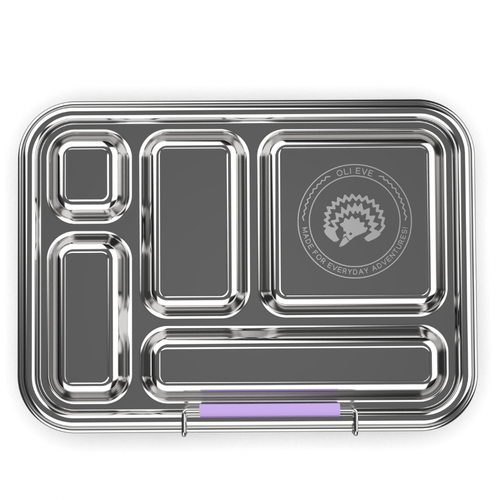 Stainless steel bento box with multiple compartments on a white background
