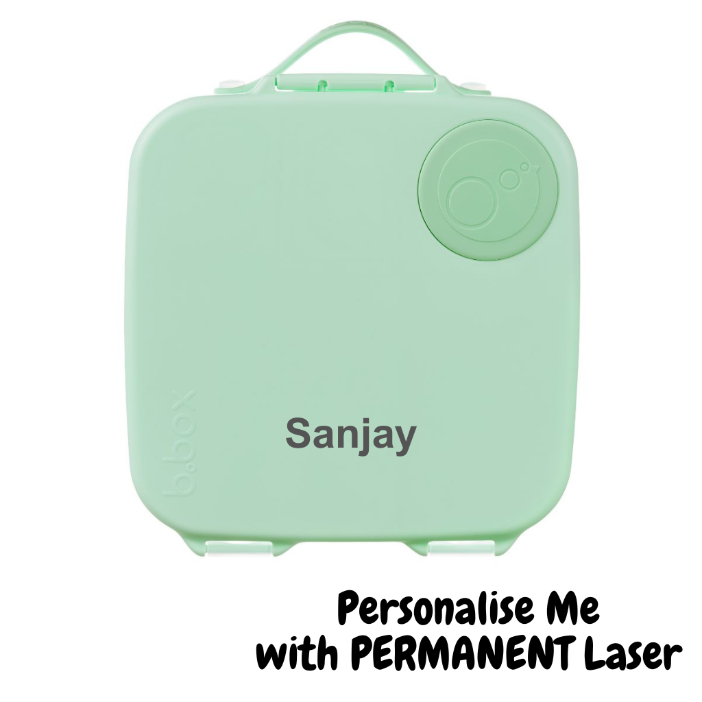 Mint green bbox lunchbox with name branding on a white background