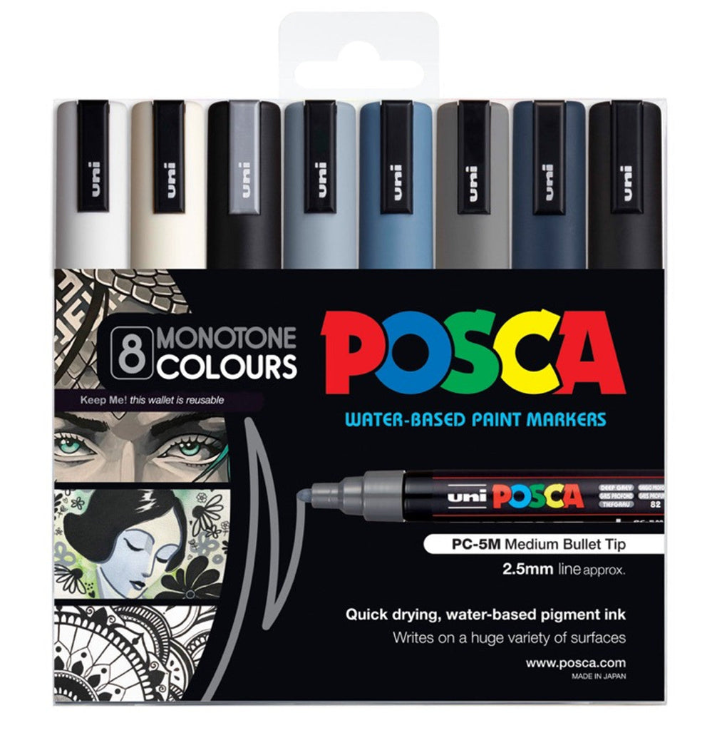 POSCA PC5M Paint Marking Pen - MONOTONE COLOURS - Set of 8 - Creative Kids Lab