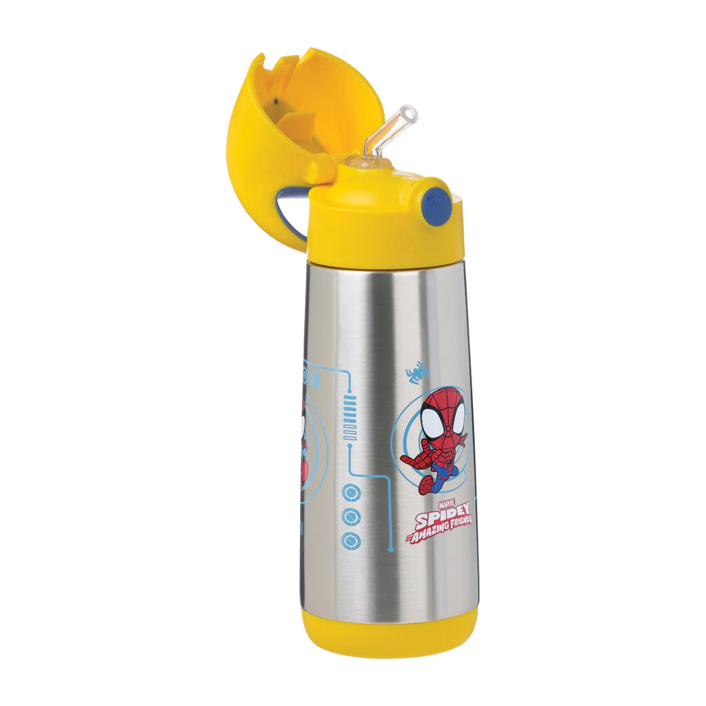 bbox insulated stainless steel drink bottle with Spidey spider man design with lid open. Creative Kids Lab