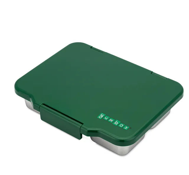 Stainless steel dublin Green lunchbox with 'Yumbox' branding on a white background