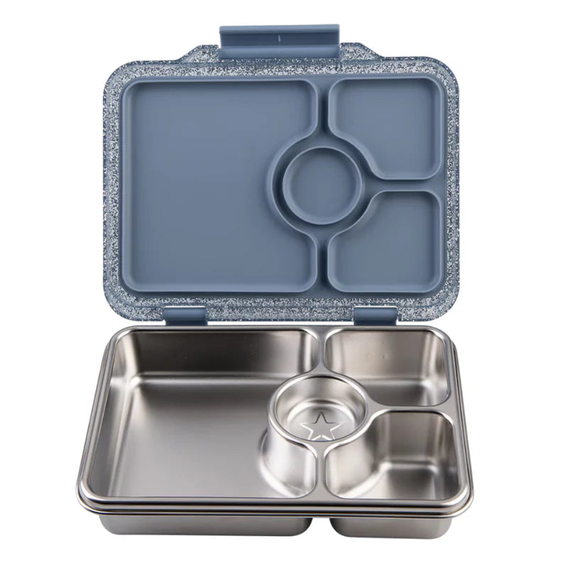 Yumbox Bento box with glitter blue lid and stainless steel compartments on a white background