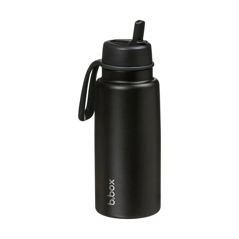bbox flip top 1 litre drink bottle in black deep space colour with sipper lid 