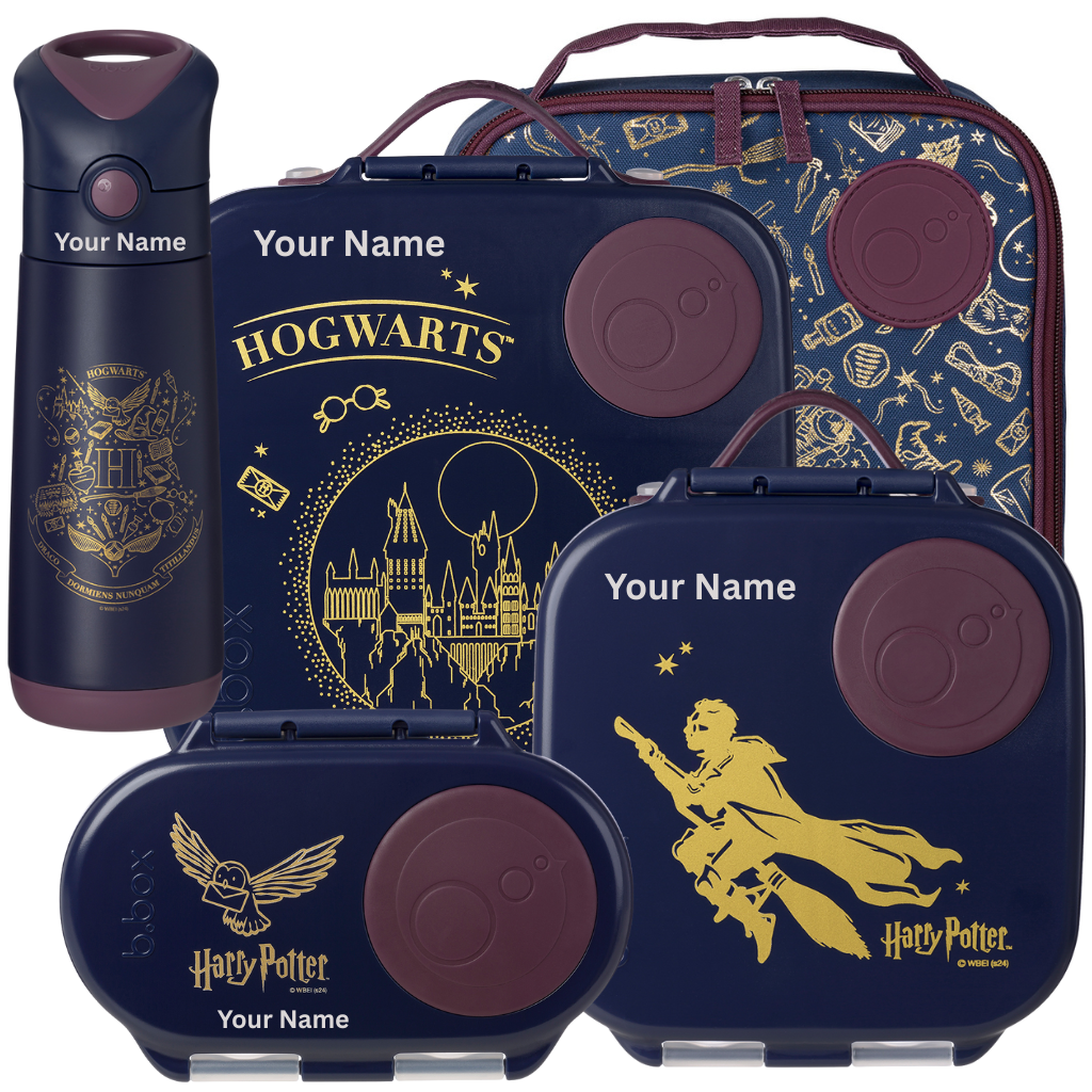 Personalised Set of Harry Potter-themed lunch bags and water bottle with Hogwarts castle design.