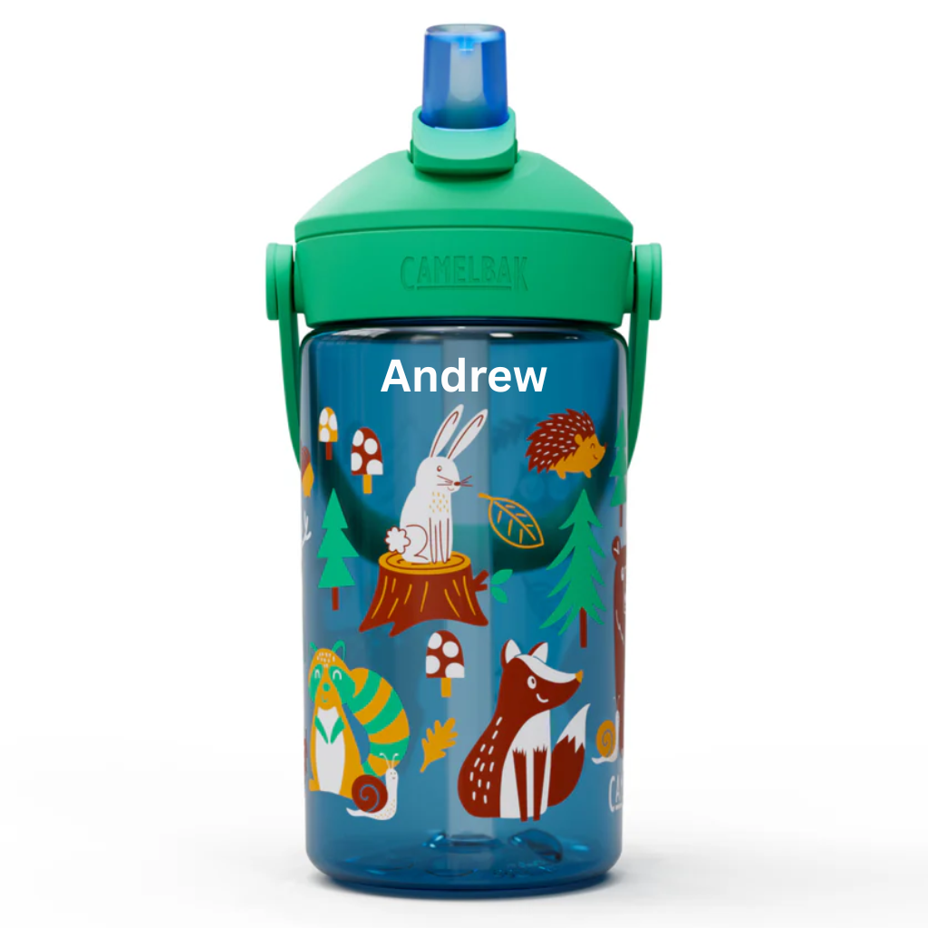 Children's water bottle with animal illustrations and personalized name on a white background
