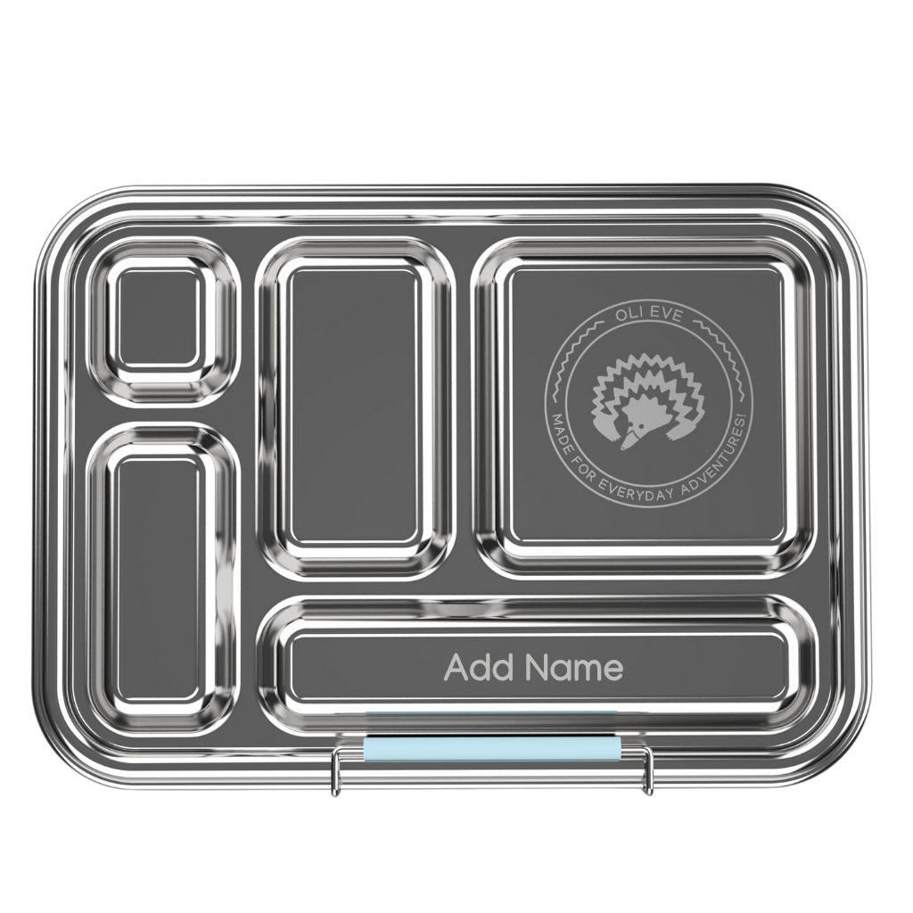 oli-eve-sea-spray-stainless-steel-bento-lunch-box-lid closed with name engraved