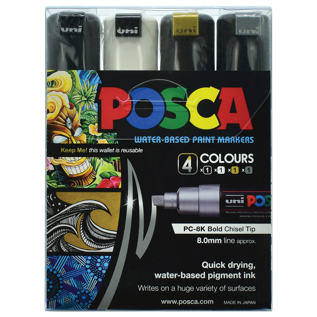 POSCA PC8K Paint Marking Pen - Black, White, Gold, Silver - Set of 4 - Creative Kids Lab