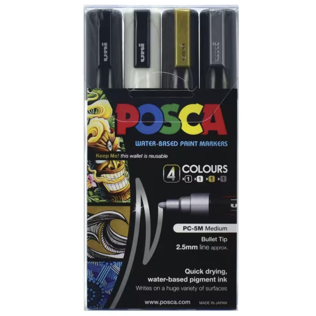 POSCA PC5M Paint Marking Pen Black, White, Gold Silver Set of 4